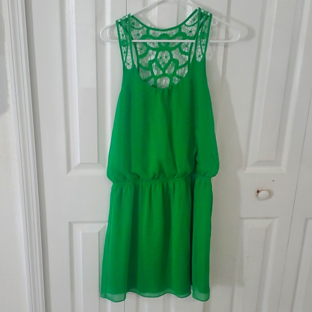 Green Express cinched waist green dress with crochet back
